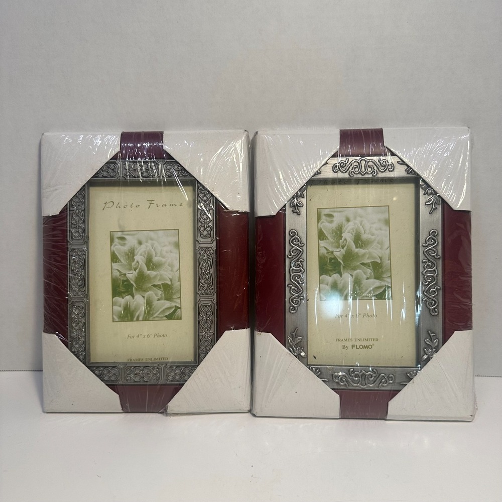 VINTAGE FLOMO Ornate Burgundy Silver Photo Frames Pair 4x6 Vertical Horizontal